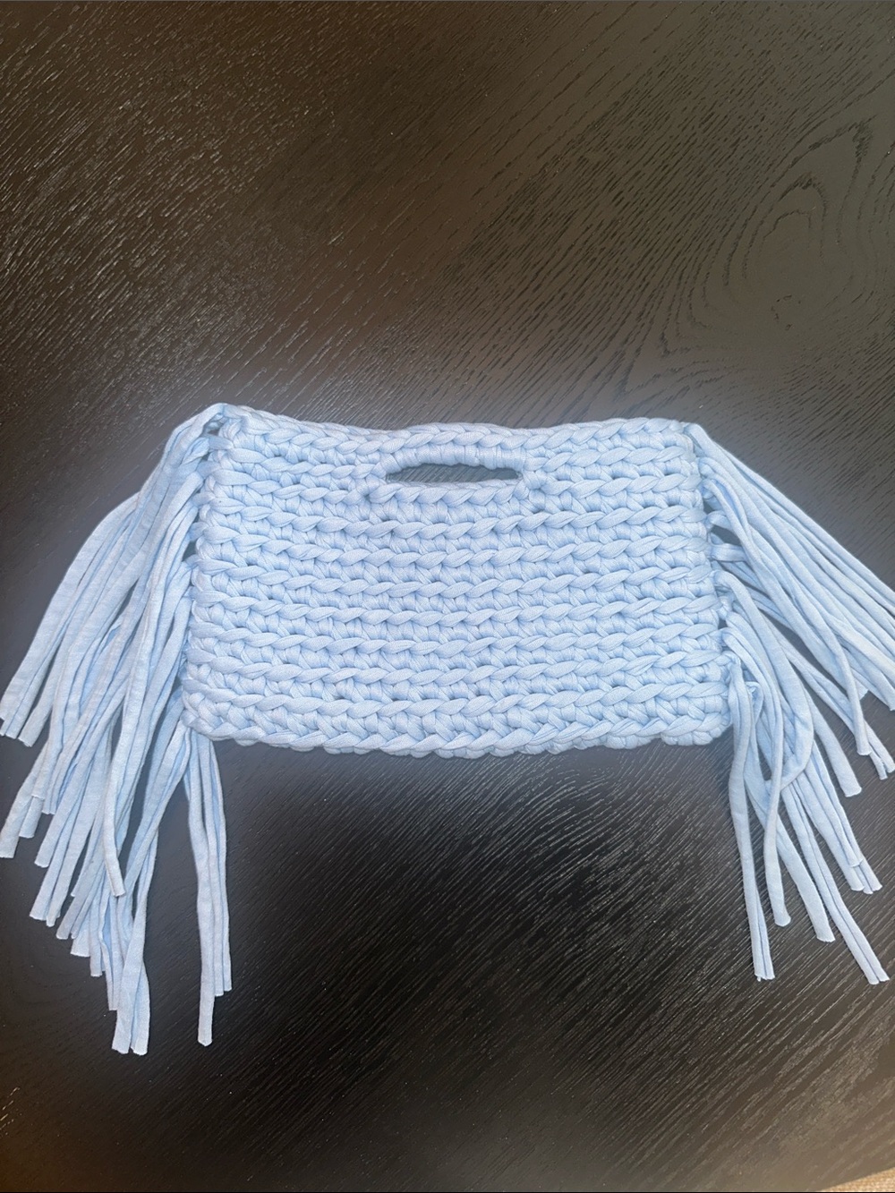 Handmade Light Blue Crochet Fringe Clutch
